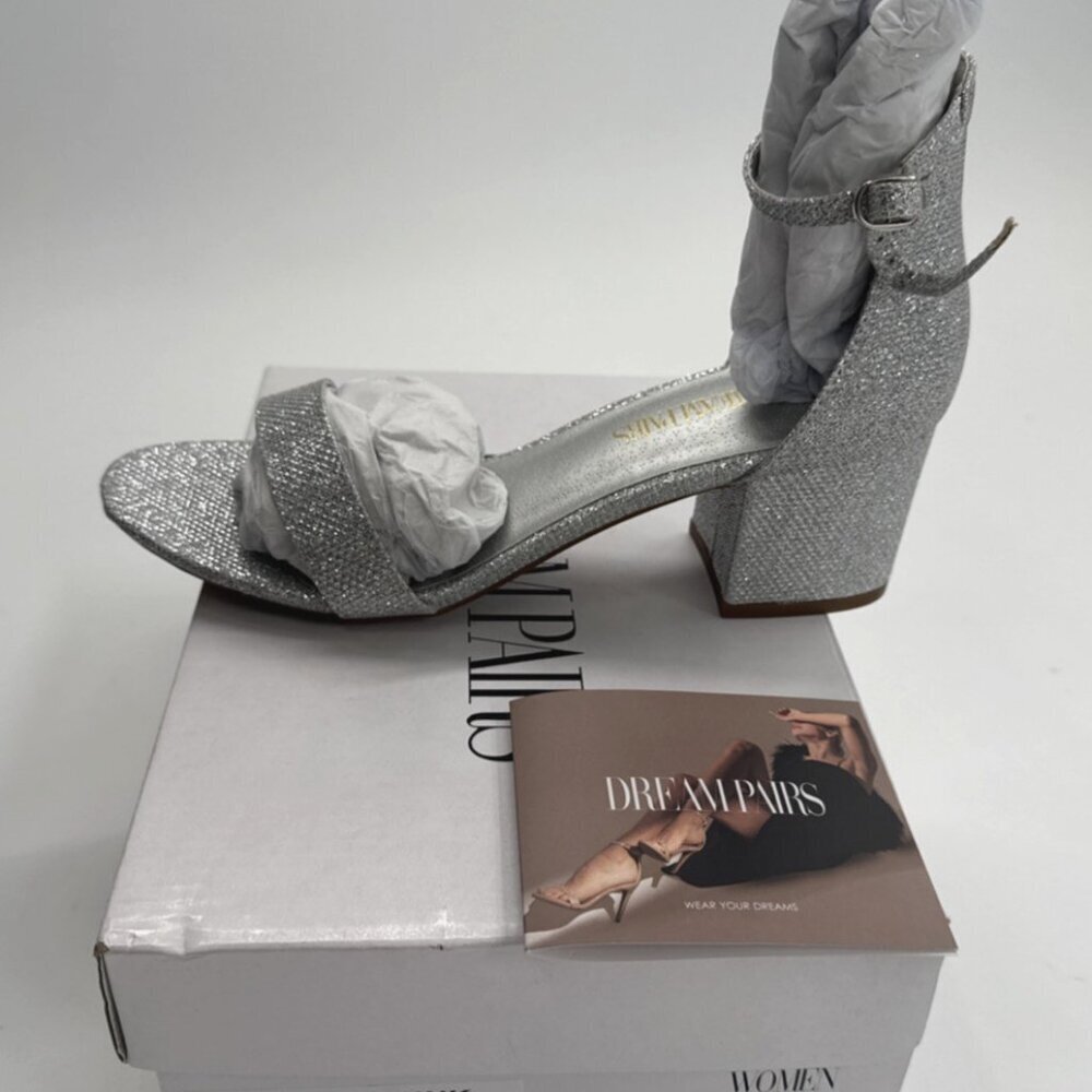 Dream Pairs Chunk Heel Shoes Womens 7.5 Silver Glitter Pumps Open Toe Party NEW